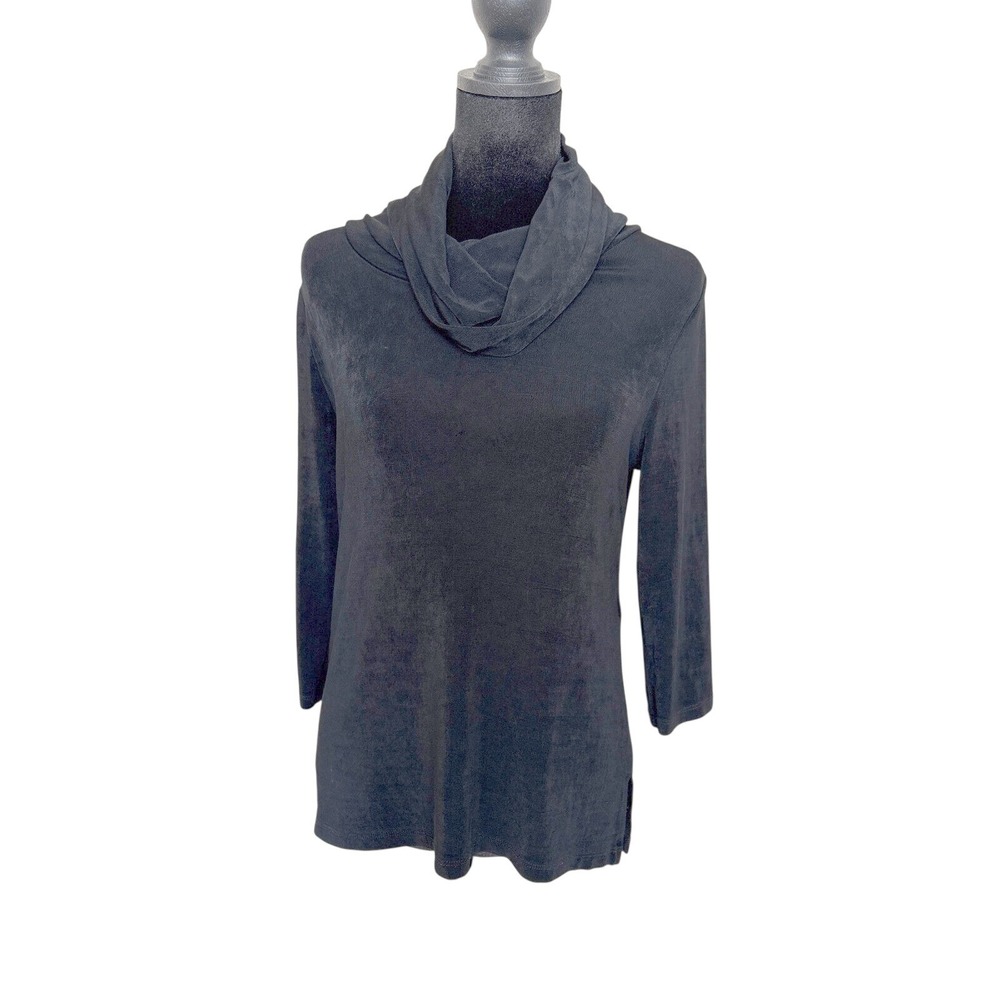 Travelers by Chico's Black Cowl Neck 3/4 Sleeve Top Size 0 Small Side Slits